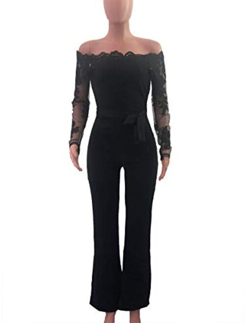 Ophestin Women Sexy Off Shoulder Floral Lace Long Sleeve Bodycon Wide Leg Jumpsuits Rompers with Belt