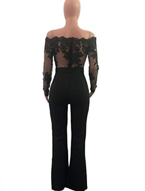 Ophestin Women Sexy Off Shoulder Floral Lace Long Sleeve Bodycon Wide Leg Jumpsuits Rompers with Belt