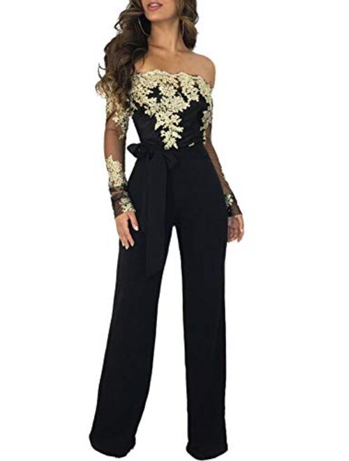 Ophestin Women Sexy Off Shoulder Floral Lace Long Sleeve Bodycon Wide Leg Jumpsuits Rompers with Belt