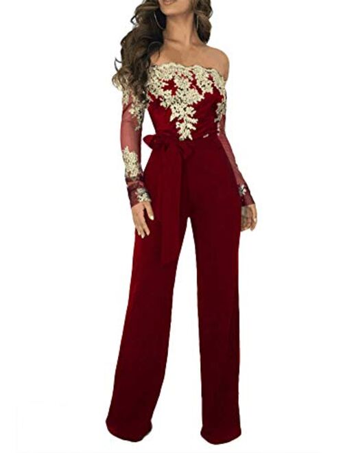 Ophestin Women Sexy Off Shoulder Floral Lace Long Sleeve Bodycon Wide Leg Jumpsuits Rompers with Belt