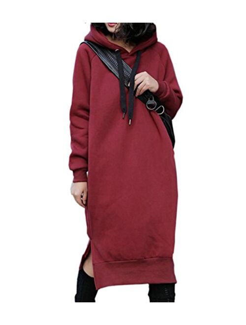 NUTEXROL Women's Thickening Long Fleece Sweatshirt String Hoodie Dress Pullover Plus Size