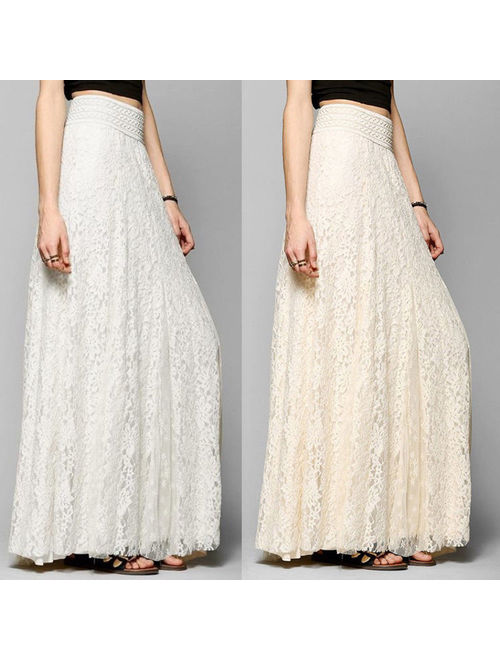 Fashion Women High Waist Stretchy Double Lace Layer Chiffon Maxi Long Skirt