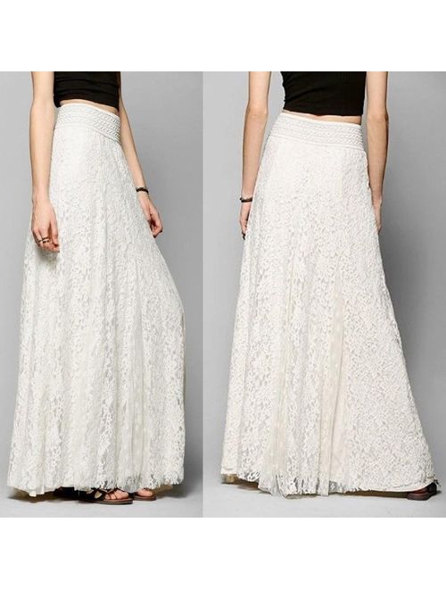 Fashion Women High Waist Stretchy Double Lace Layer Chiffon Maxi Long Skirt