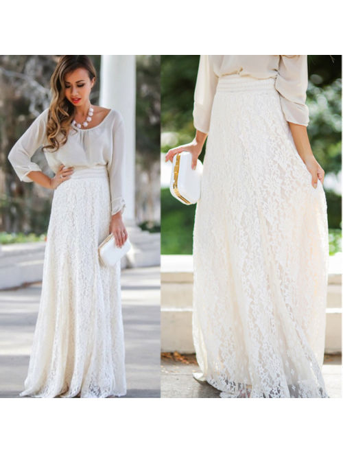 Fashion Women High Waist Stretchy Double Lace Layer Chiffon Maxi Long Skirt