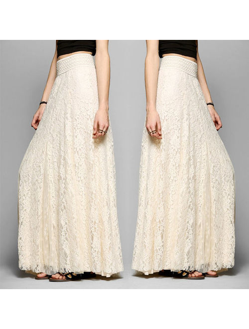 Fashion Women High Waist Stretchy Double Lace Layer Chiffon Maxi Long Skirt