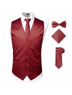 Men's Solid 4pc Shiny Satin Vest Necktie Bowtie Pocket Square Set for Suit or Tuxedo