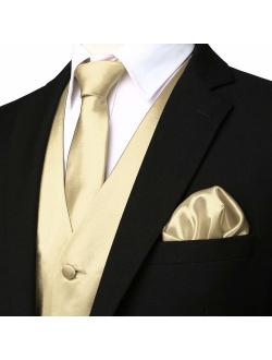 Men's Solid 4pc Shiny Satin Vest Necktie Bowtie Pocket Square Set for Suit or Tuxedo