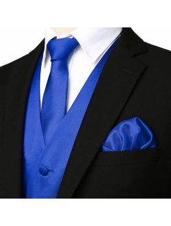 Men's Solid 4pc Shiny Satin Vest Necktie Bowtie Pocket Square Set for Suit or Tuxedo