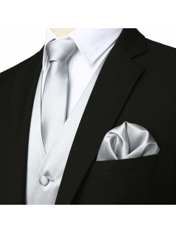 Men's Solid 4pc Shiny Satin Vest Necktie Bowtie Pocket Square Set for Suit or Tuxedo