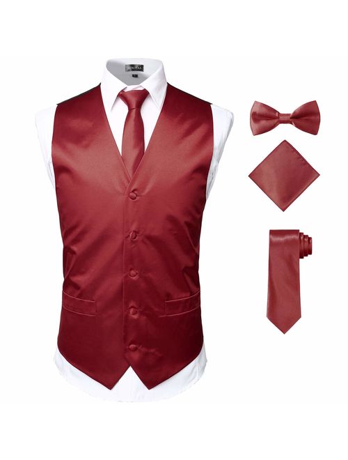 ZEROYAA Men's Solid 4pc Shiny Satin Vest Necktie Bowtie Pocket Square Set for Suit or Tuxedo