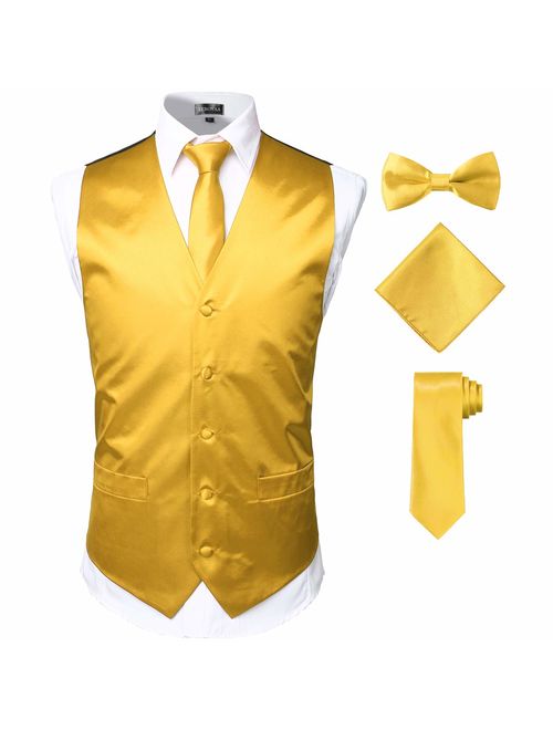 ZEROYAA Men's Solid 4pc Shiny Satin Vest Necktie Bowtie Pocket Square Set for Suit or Tuxedo