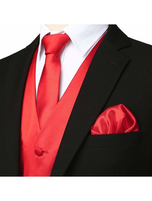 ZEROYAA Men's Solid 4pc Shiny Satin Vest Necktie Bowtie Pocket Square Set for Suit or Tuxedo