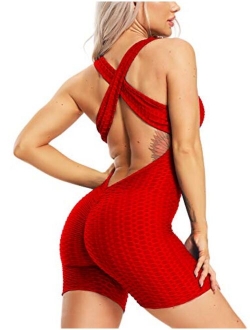 Women Texture Bodysuit Sleevesless Sport One-Piece Backless Sexy Slimming Bodycon Rompers Jumpsuit