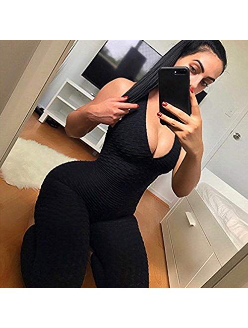 SEASUM Women Yoga Jumpsuit Backless One Piece Workout Catsuit Bodysuit  Sleeveless Textured Gym Bodycon Romper