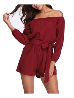 MISS MOLY Rompers for Women Boat Neck Off The Shoulder Strapless Mid Rise Casual Jumpsuit w Belt