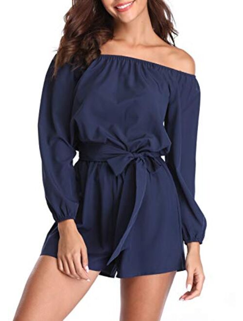 MISS MOLY Rompers for Women Boat Neck Off The Shoulder Strapless Mid Rise Casual Jumpsuit w Belt