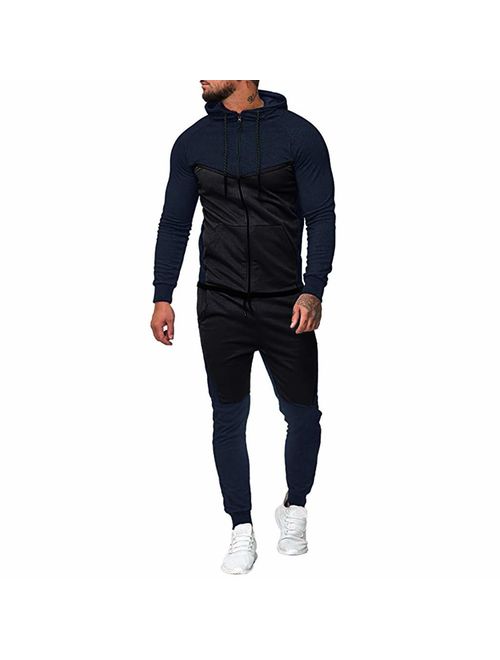 Mens Splicing Zipper Print Sweatshirt Top Pants Sets Sport Suit Tracksuit