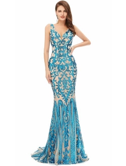 Ikerenwedding Women's V-Neck Sequins Sleeveless Lace-up Mermaid Evening Dress