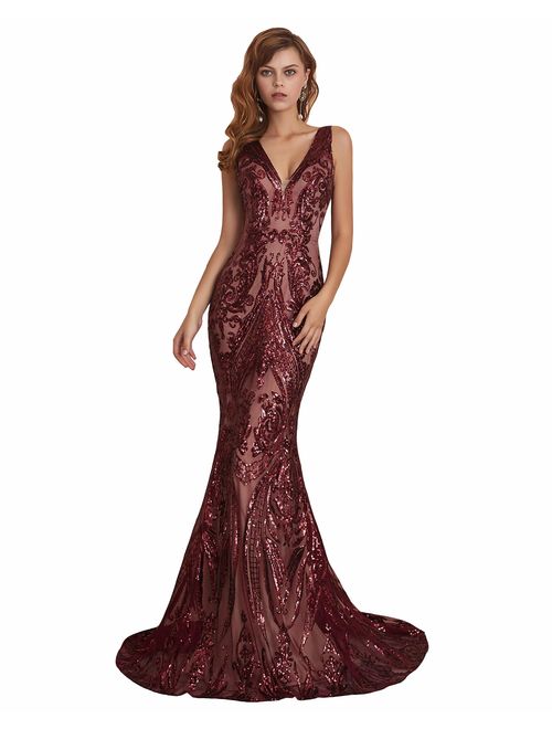 Ikerenwedding Women's V-Neck Sequins Sleeveless Lace-up Mermaid Evening Dress