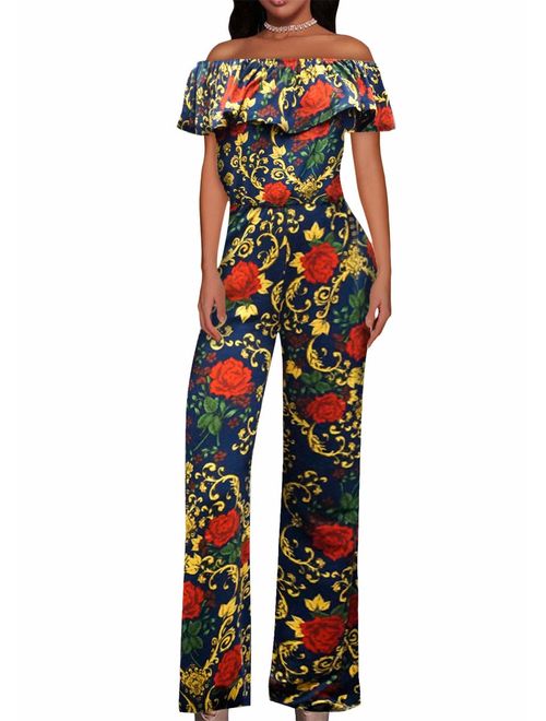 HyBrid & Company Women Off Shoulder High Waist Wide Leg Pants Jumpsuit Romper