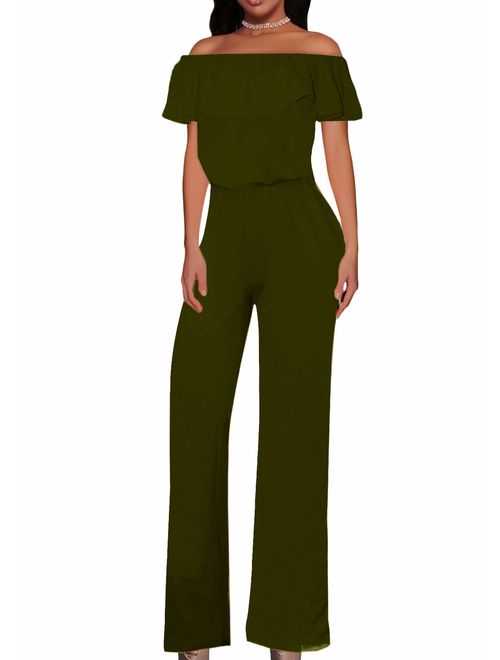 HyBrid & Company Women Off Shoulder High Waist Wide Leg Pants Jumpsuit Romper