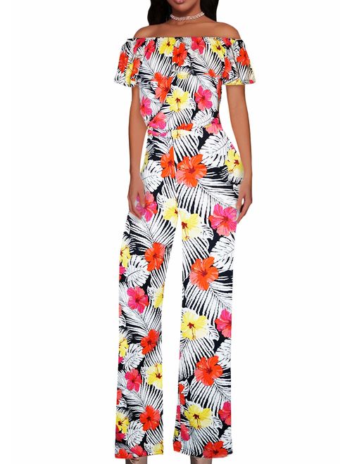 HyBrid & Company Women Off Shoulder High Waist Wide Leg Pants Jumpsuit Romper