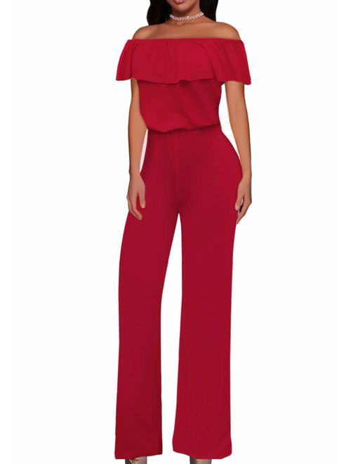 HyBrid & Company Women Off Shoulder High Waist Wide Leg Pants Jumpsuit Romper