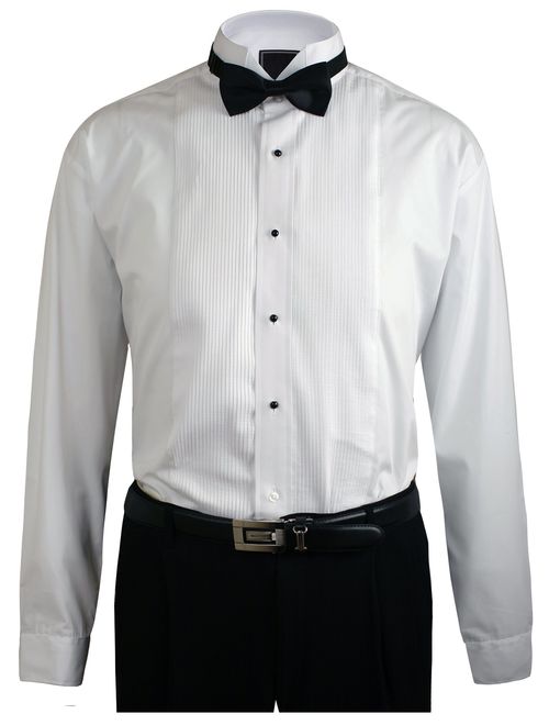 OmegaTux Mens Wing Collar Tuxedo Shirt with Bowtie, 1/8" Pleat & Convertible Cuffs