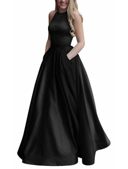 Women's Long Beaded Halter Satin Prom Dress A Line Open Back Evening Gowns with Pockets