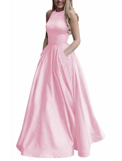 Women's Long Beaded Halter Satin Prom Dress A Line Open Back Evening Gowns with Pockets