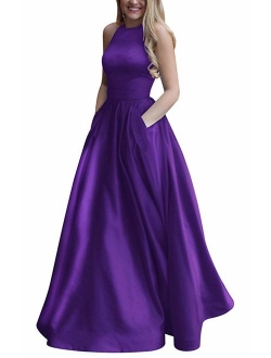 Women's Long Beaded Halter Satin Prom Dress A Line Open Back Evening Gowns with Pockets