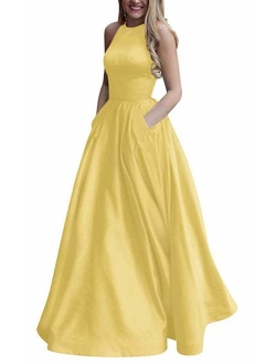 Women's Long Beaded Halter Satin Prom Dress A Line Open Back Evening Gowns with Pockets