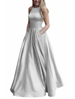 Women's Long Beaded Halter Satin Prom Dress A Line Open Back Evening Gowns with Pockets