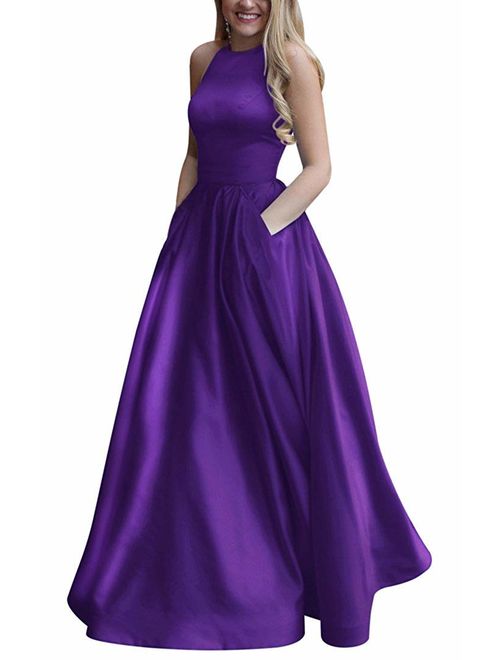 Gricharim Women's Long Beaded Halter Satin Prom Dress A Line Open Back Evening Gowns with Pockets