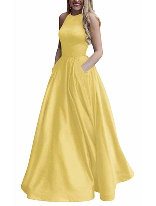 Gricharim Women's Long Beaded Halter Satin Prom Dress A Line Open Back Evening Gowns with Pockets