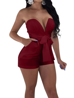 TOB Women's Sexy Deep V-Neck High Waist Belt Club Romper Short Jumpsuit