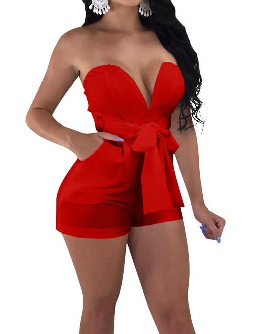 TOB Women's Sexy Deep V-Neck High Waist Belt Club Romper Short Jumpsuit