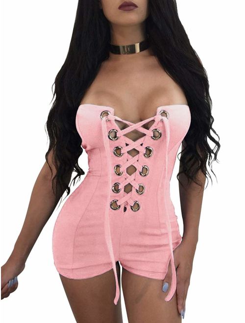 TOB Women's Sexy Deep V-Neck High Waist Belt Club Romper Short Jumpsuit