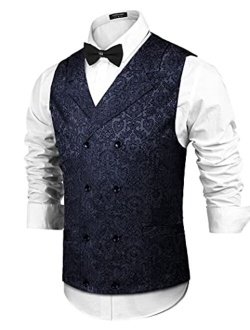 Mens Victorian Vest Steampunk Christmas Double Breasted Suit Vest Slim Fit Brocade Paisley Floral Waistcoat