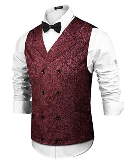 Mens Victorian Vest Steampunk Christmas Double Breasted Suit Vest Slim Fit Brocade Paisley Floral Waistcoat