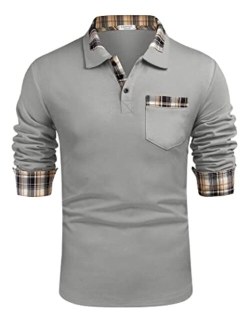 Men's Classic Casual Long Sleeve Plaid Collar Polo Shirt with Pockets