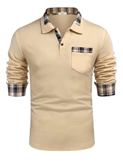 Men's Classic Casual Long Sleeve Plaid Collar Polo Shirt with Pockets