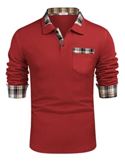 Men's Classic Casual Long Sleeve Plaid Collar Polo Shirt with Pockets