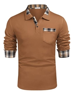 Men's Classic Casual Long Sleeve Plaid Collar Polo Shirt with Pockets