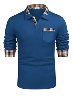 Men's Classic Casual Long Sleeve Plaid Collar Polo Shirt with Pockets