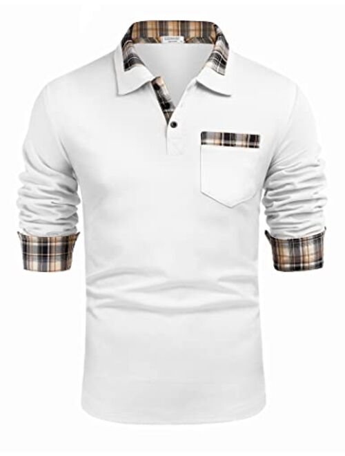 COOFANDY Men's Classic Casual Long Sleeve Plaid Collar Polo Shirt with Pockets