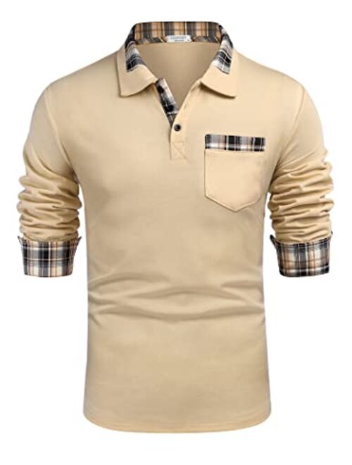 COOFANDY Men's Classic Casual Long Sleeve Plaid Collar Polo Shirt with Pockets