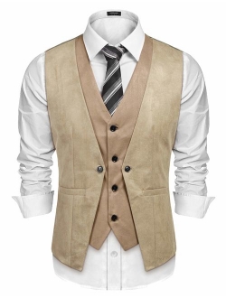 Men's Suede Leather Vest Layered Style Dress Vest Waistcoat