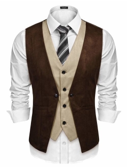 Men's Suede Leather Vest Layered Style Dress Vest Waistcoat