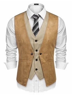 Men's Suede Leather Vest Layered Style Dress Vest Waistcoat